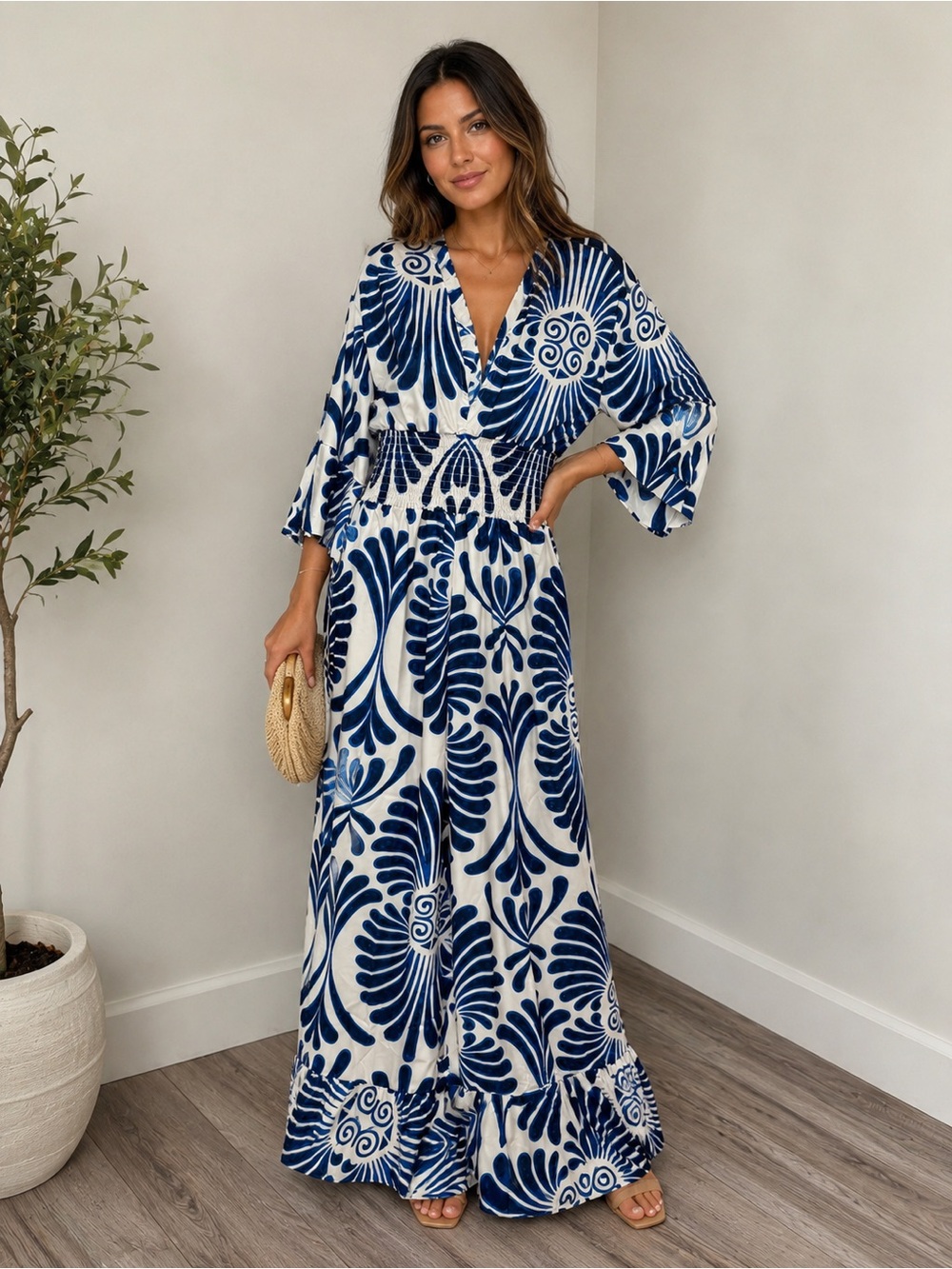 Blue and White Printed Maxi jumpsuit - Women